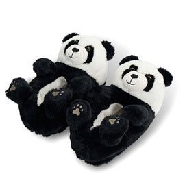 Pair of panda-shaped slippers on a white background