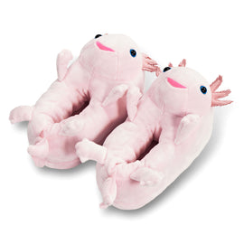 Pair of pink axolotl plush slippers for kids