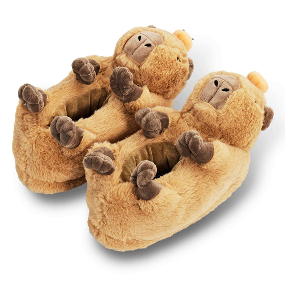 Pair of women's plush brown slippers with otter design 
