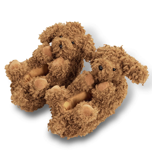 Pair of brown plush slippers shaped like doodle dogs for kids