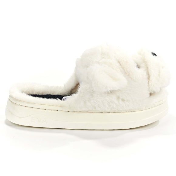 Side view of plush white bulldog slipper with raised ears, EVA sole, and pink tongue—funny dog house shoes for cozy lounging.