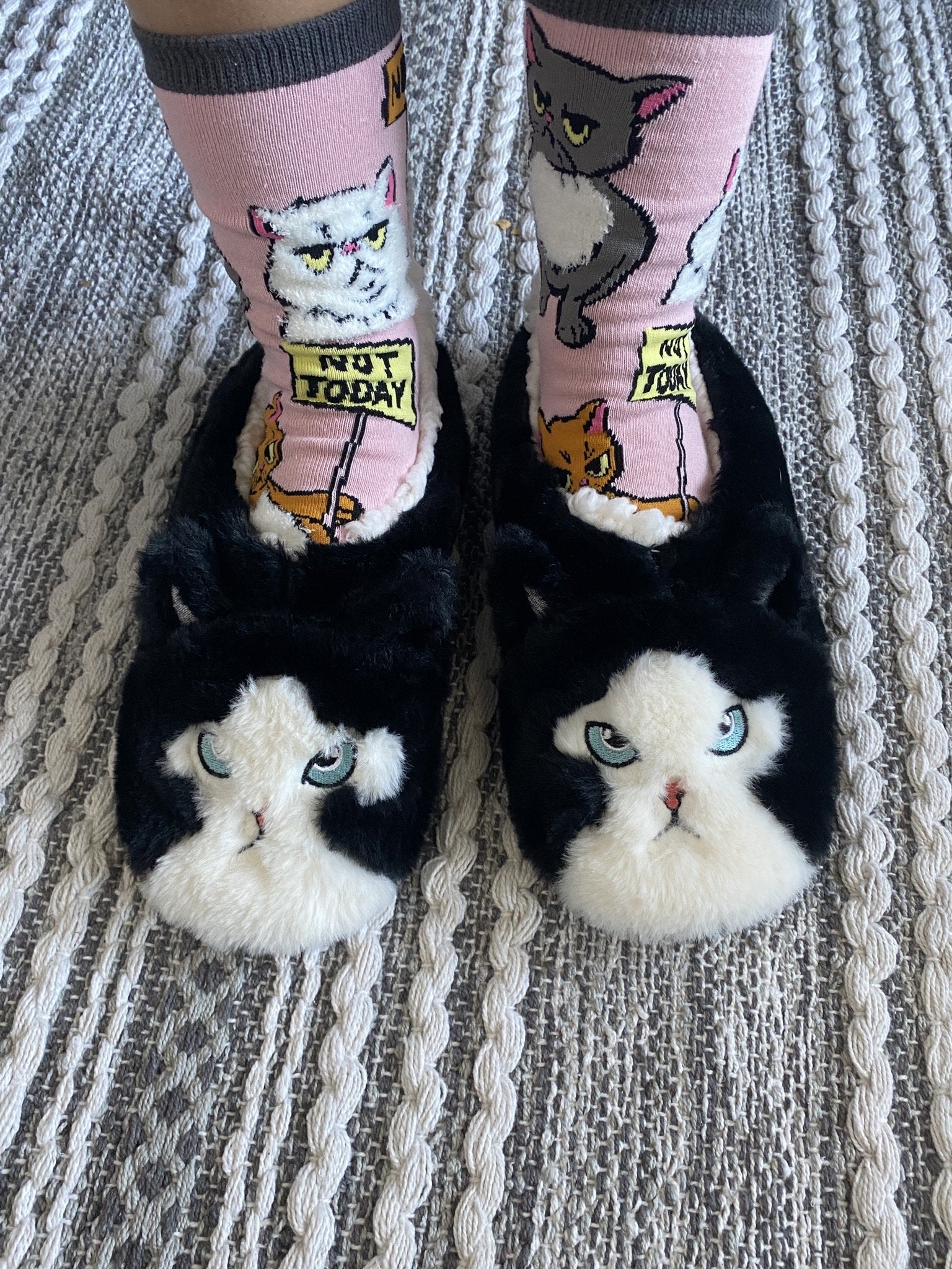 Black and discount white cat slippers